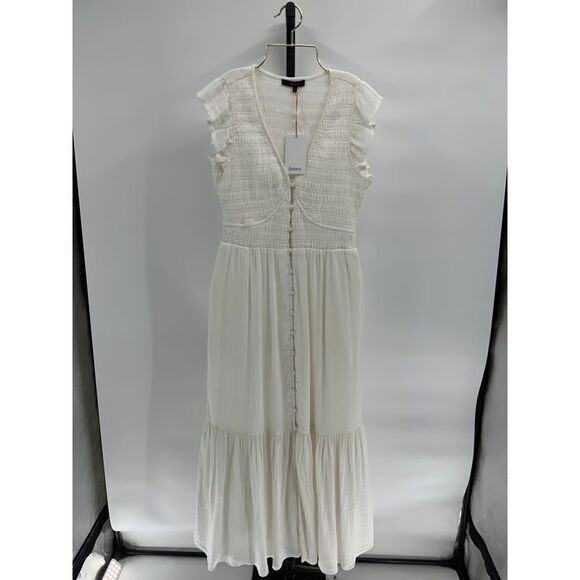 Quince Women's Organic Textured Cotton Smocked V-Neck Midi Dress White XS - Picture 2 of 2